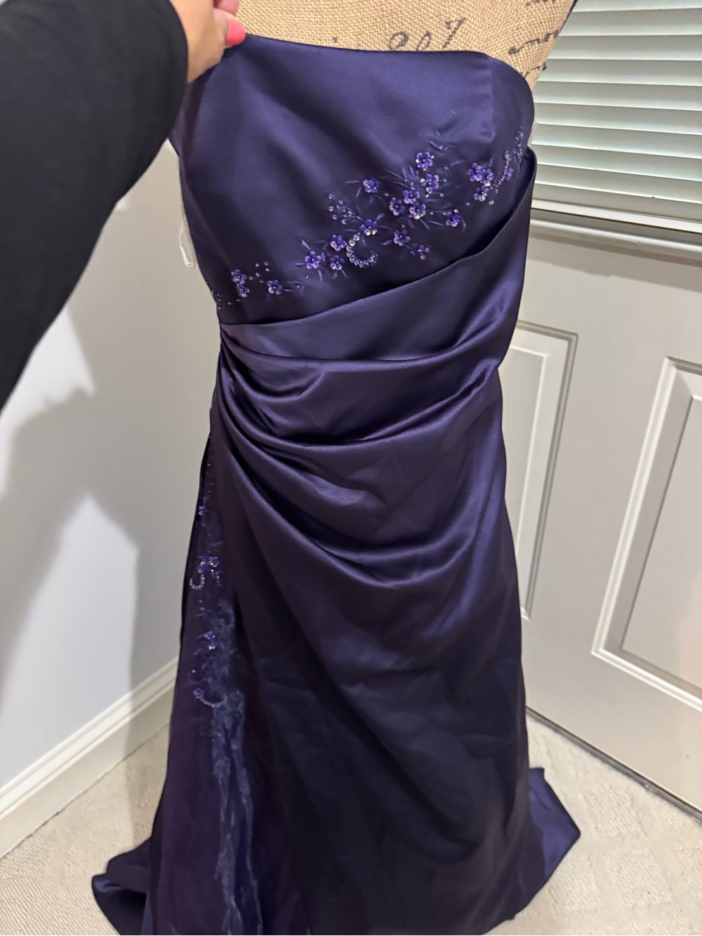 2 pc David's Bridal Strapless Satin Gown in Plum Purple